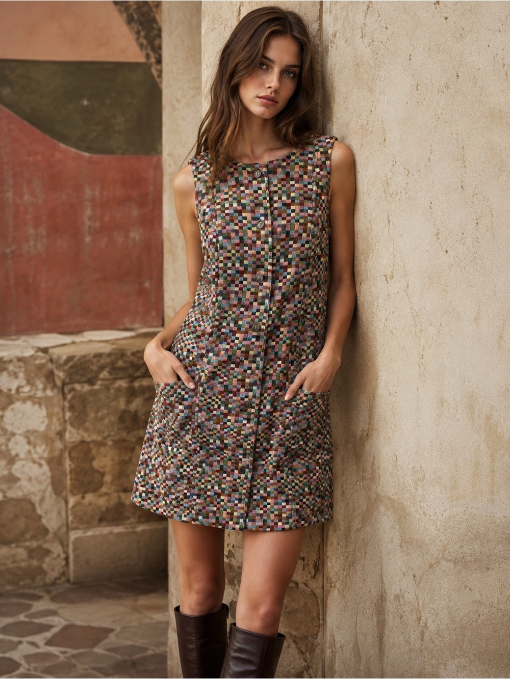 FRNCH NWT Polygonia Multicolor Woven Button Front Mini Dress, Size S